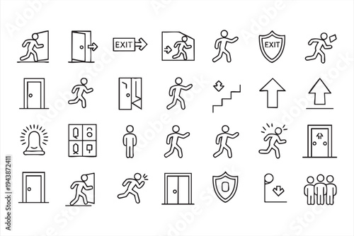 Emergency Preparedness And Evacuation Outline Icons Featuring Exit Doors Running Person And Alarm