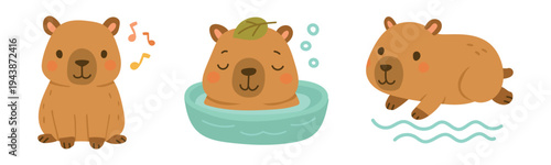 Cute capybara animal illustration set showing singing relaxing and swimming, adorable wildlife character for nursery decor, nature blogs and children storytelling graphics.