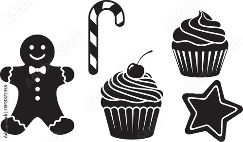 Black and white Christmas sweets and treats illustration set