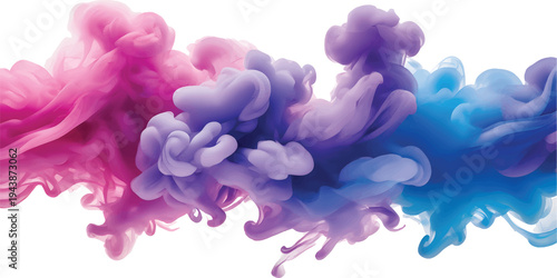Vibrant pink and blue acrylic paint spreading and mixing in water, creating a stunning and colorful ink cloud that swirls in a captivating abstract motion isolated on a clean white background