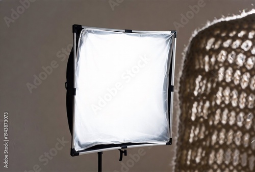 A photography light modifier is positioned in front of a textured background.
