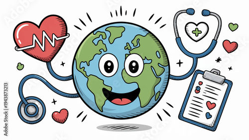 Smiling earth globe with stethoscope and heart rate monitor symbolizing global health and wellness