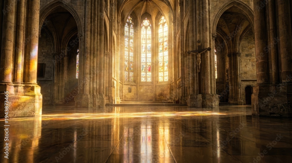 Obraz premium Church window bathed in sunlight casting light beams reflection concept. Gorgeous sunlight streaming through an ornate cathedral window.