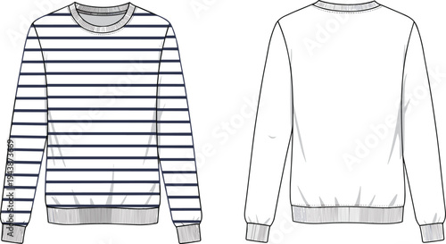 CAD drawing flat vector illustration, striped crew neck sweatshirt, front and back view, fashion sketch, clothing template, casual wear mockup