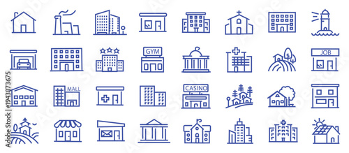Building web icons in line style. Hotel, hospital, apartament, city, town house, mall, coffee, collection. Editable stroke. Vector illustration.