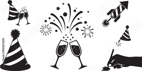 New Year's Eve Celebration Silhouette Icons Set Black