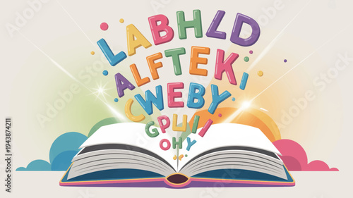Colorful open book with multicolored letters and words emerging from the pages on a white background with rainbow clouds
