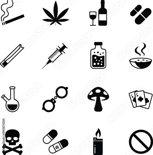 Addiction and substance abuse icons set with cigarette, alcohol, drugs, syringe, poison, gambling and crime symbols vector