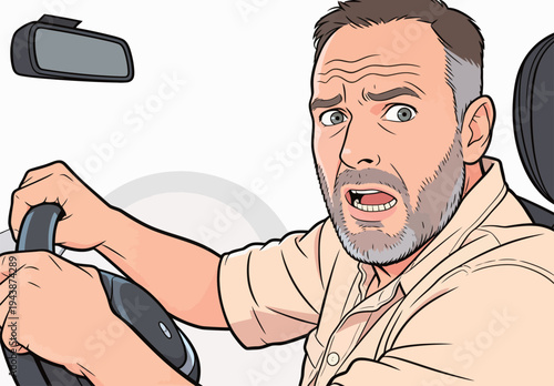 A person holds the steering wheel tightly while looking worried. The setting shows a car interior and captures a tense moment during driving.