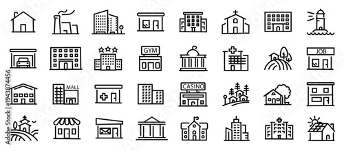 Building web icons in line style. Hotel, hospital, apartament, city, town house, mall, coffee, collection. Editable stroke. Vector illustration.
