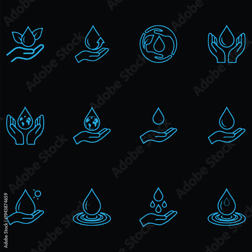Set of 12 linear water conservation, ecology, and environmental care icons