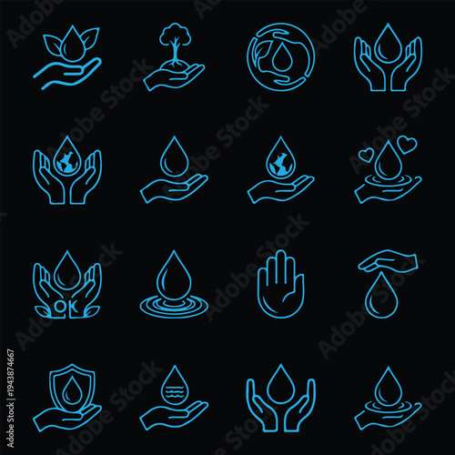 Set of 16 linear water conservation and ecological protection icons