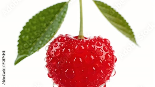 Close Up of Fresh Red Cherry with Water Droplets Against White Background