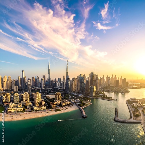 Aerial view of a city skyline at sunset with a large body of water