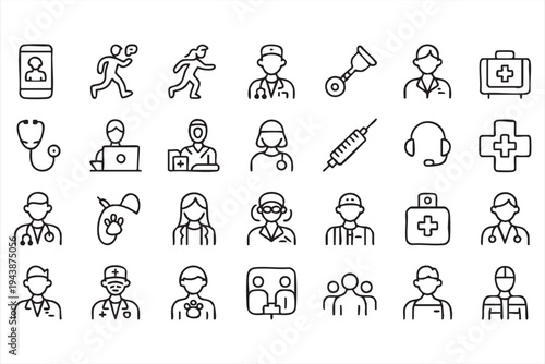 Healthcare And Hospital Vector Icons With Medical Staff Stethoscope Syringe And Patient Care