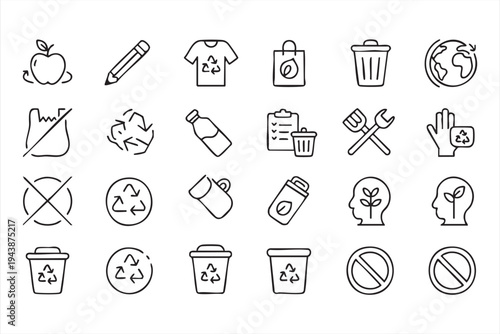 Eco Recycling And Sustainability Outline Icons Featuring Reusable Bags Recycling Bins And Environmental Symbols