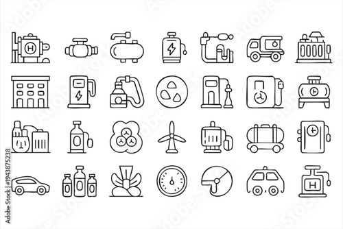 Gasoline And Energy Supply Line Icons With Fuel Pumps Gas Cylinders Battery Charging And Tankers