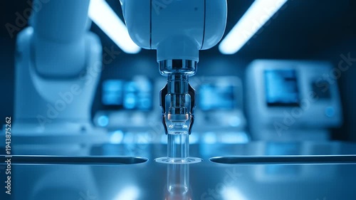Robotic Arm Picking Up Clear Glass Vial in Automated Industrial Setting Blue Lighting