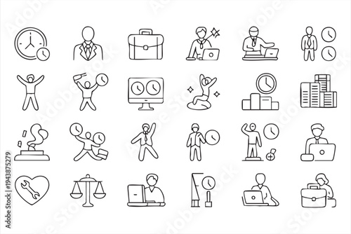 Business Productivity And Time Management Outline Icons Featuring Office Workers Laptops And Deadlines