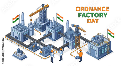 Isometric illustration of industrial workers and facilities celebrating Ordnance Factory Day in India with defense manufacturing and production, featuring Indian flags and a factory setting.