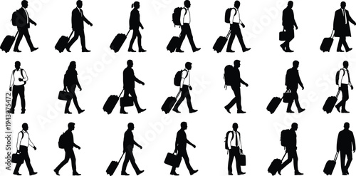 Business travelers and professionals walking with luggage and briefcases silhouettes set for airport departure travel tourism corporate relocation and global commuting