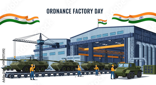 Illustration of Indian Ordnance Factories Day with military vehicles and workers in front of a factory, conveying a sense of India defense manufacturing and industrial activity.