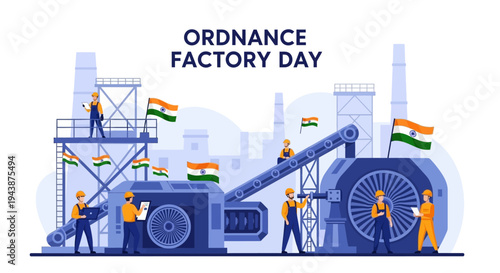 Illustration of workers in an Indian ordnance factory on Ordnance Factory Day with a patriotic theme and industrial backdrop.