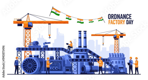 Illustration of industrial scene with workers and cranes on Ordnance Factory Day in India, celebrating defense manufacturing with a patriotic theme and Indian flags.