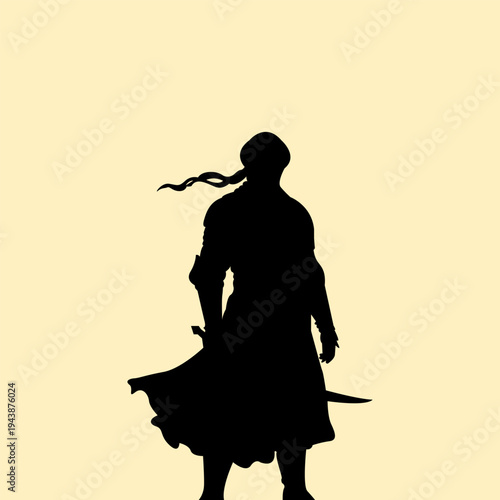 Silhouette of arabian knight with iron armor and with hanging cloth typical of the Middle East concept design. Icon of people hold a sword with warrior costume. Vector illustration.