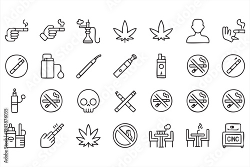 Smoking And Vape Icon Set Featuring Cigarettes Hookah Vape Devices And Marijuana Symbols