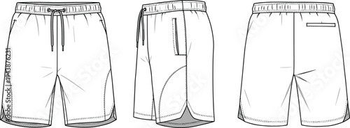 Men’s athletic shorts flat sketch, front side back view, technical cad drawing, vector illustration, sportswear design, detailed fashion template