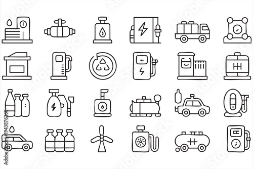 Energy Infrastructure And Fuel Supply Vector Icons With Gas Pumps Cylinders Tankers And Chargers