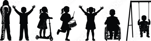 Collection of Children Silhouettes Playing with Scooter and Drum Including Disabled Child in Wheelchair and Toddler on Swing for Inclusive Playground