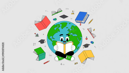 Cartoon globe with smiling face surrounded by books graduation caps and school supplies on white background symbolizing education and learning
