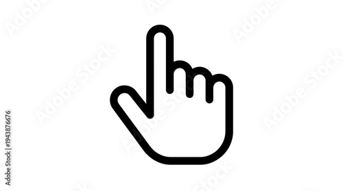 Minimalist black line art icon of a human hand with index finger pointing upwards isolated on white background, ideal for user interface design, digital website navigation and mobile apps