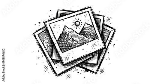 Artistic hand drawn sketch of stacked instant polaroid photos showing mountain landscape scenery on white background, ideal for travel blogging, vintage photography concept and social media ads