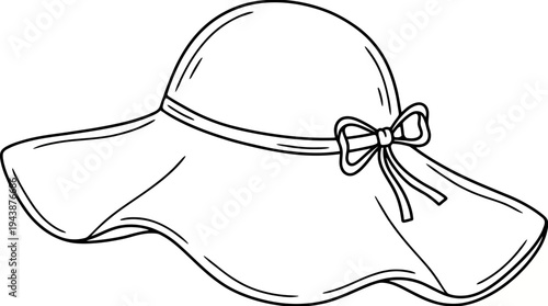 Minimalist hand drawn wide brimmed floppy sun hat with decorative ribbon and bow vector illustration on white, ideal for summer fashion graphics, coloring book pages and beach vacation icons
