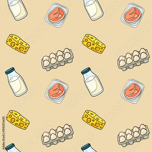 Dairy Products Seamless Pattern with Milk, Eggs and Cheese