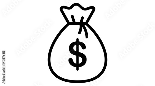 Simple black line icon of a money bag with a dollar sign symbol on a plain white background, ideal for financial app icons, business banking presentations and investment graphics