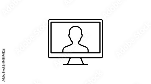 Simple line art icon of a computer monitor displaying a male executive silhouette avatar on a white background, ideal for video conferencing app interface, online webinar and virtual meeting