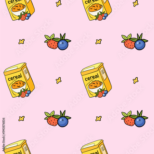 Seamless Breakfast Pattern with Cereal Box and Berries
