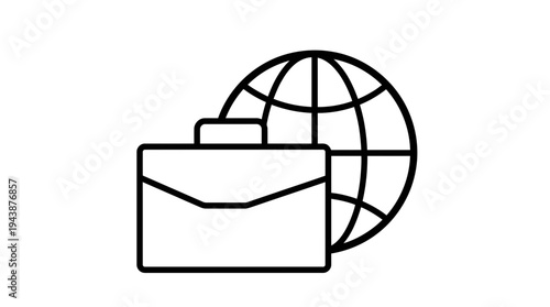 Minimalist black line icon of a professional briefcase with a world globe grid on white background, ideal for global business expansion, international trade and corporate logistics marketing