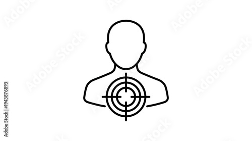 Minimalist line art icon of a professional business manager silhouette with a target bullseye symbol on the chest, ideal for recruitment marketing, target audience research and headhunting strategy