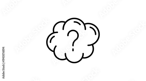 Minimalist black line art illustration of a fluffy cloud icon with a question mark symbol, ideal for customer support portals, FAQ website sections and cloud storage troubleshooting