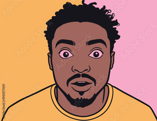 A man looks surprised with wide eyes and an open mouth against a colorful background. He shows a strong reaction in this scene.