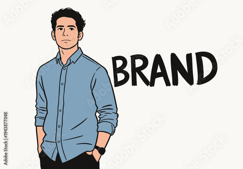 A young man poses with hands in pockets next to text showing a brand name on a white background. He is looking straight ahead.