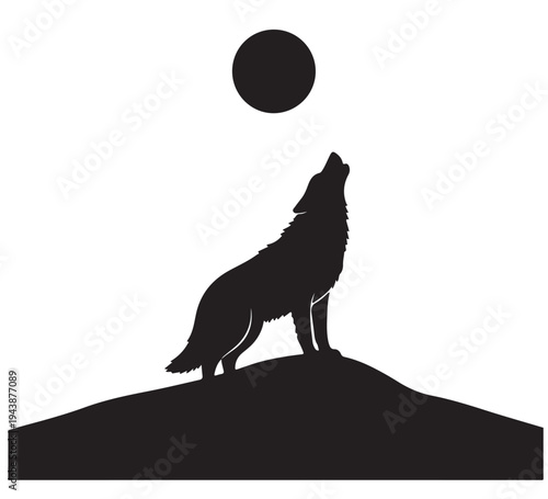 Striking lone wolf silhouette captured howling at a brilliant full moon, embodying the raw spirit of the wilderness and nocturnal freedom under a peaceful night sky