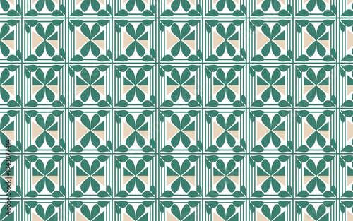 Retro geometric seamless tile pattern with abstract green leaves and beige triangles.