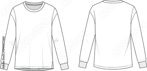 Long sleeve t-shirt flat sketch, fashion cad drawing vector, front and back view, technical illustration, casual wear, garment template