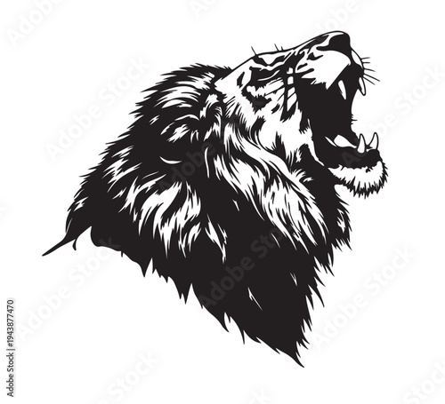Dynamic black and white vector illustration of a majestic lion's head mid-roar, showcasing its fierce power and wild untamed spirit